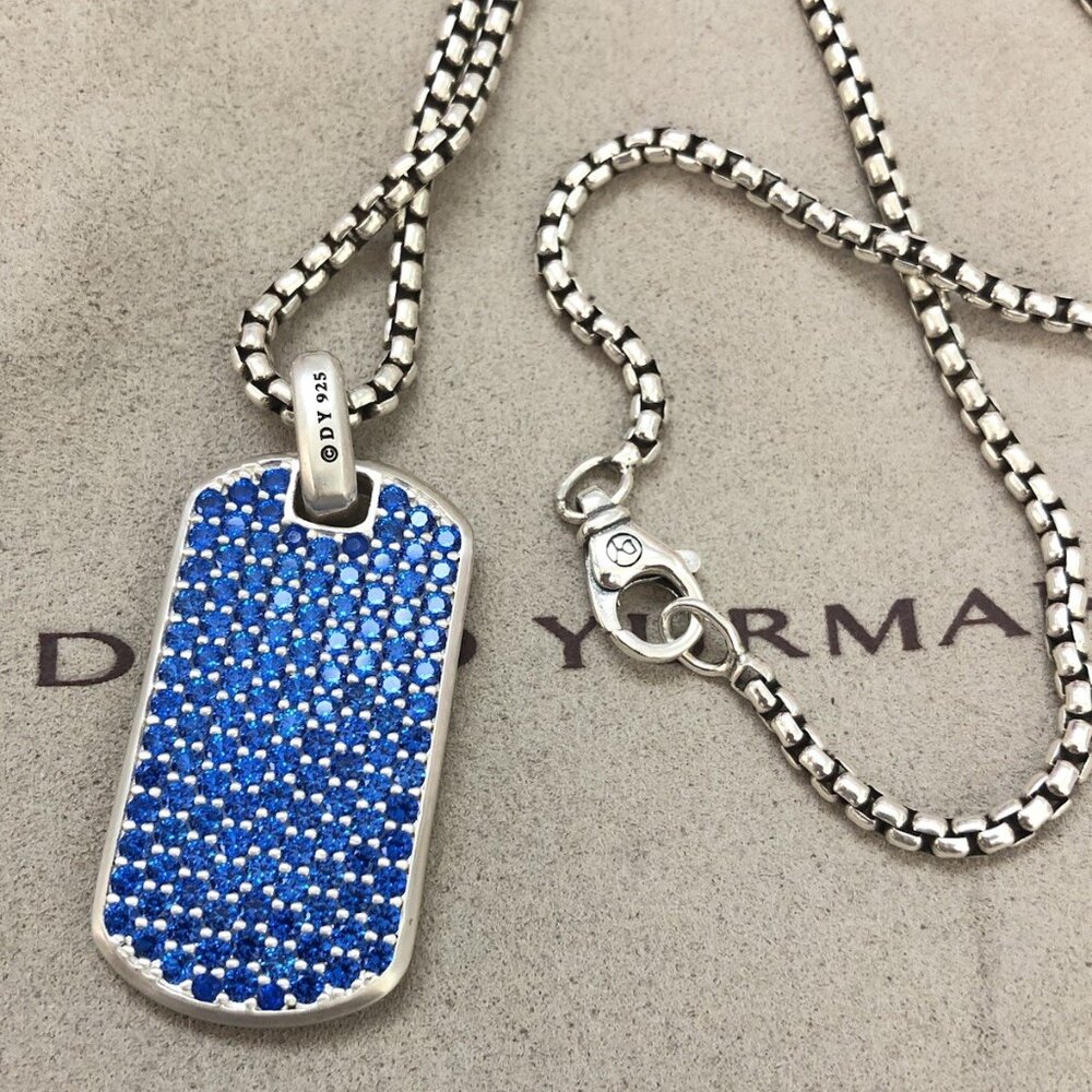 David Yurman Men's Sterling Silver 35mm Chevron Sapphire Dog Tag  ** See Note **